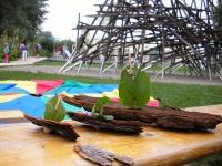 Kleine Boote aus Baumrinde mit Segeln aus Blättern vor der Kulisse der Landesgartenschau.